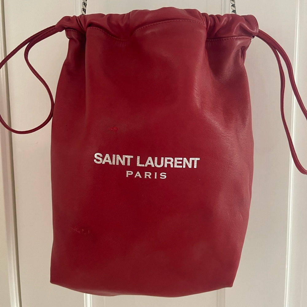 Saint Laurent Lambskin Teddy Drawstring Bag Eros Red - Picture 2 of 16